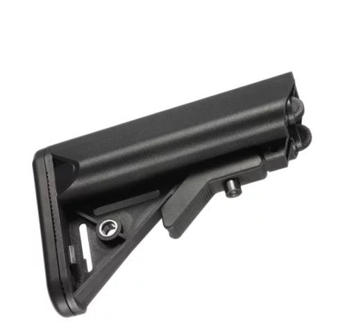 Nylon retractable crane butt stock with removable rubber butt and sling point perfect for M4/AR-15 platform AEG gel blasters.